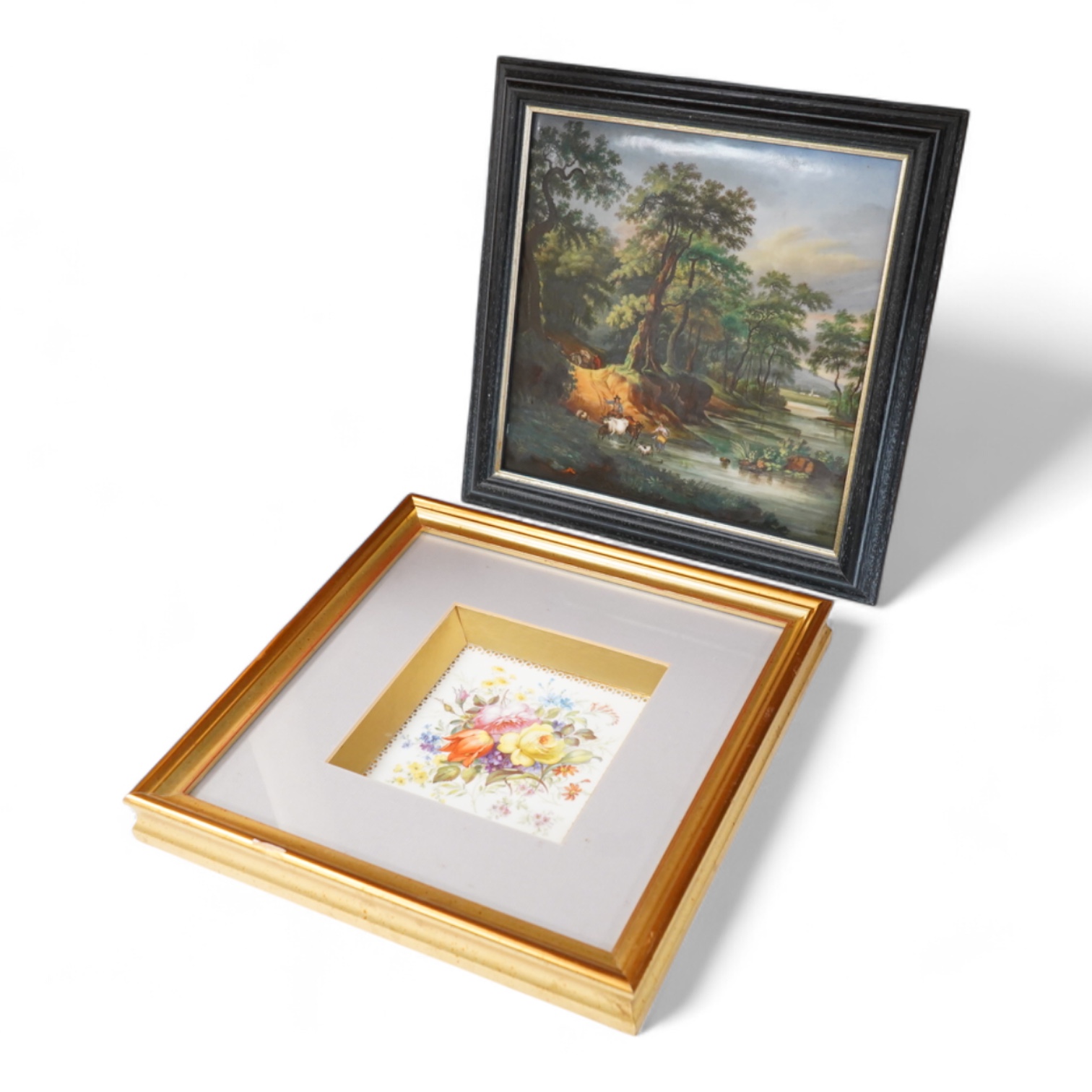 A Continental painted plaque with riverscape and a Royal Crown Derby floral panel, framed, largest overall 24cm high